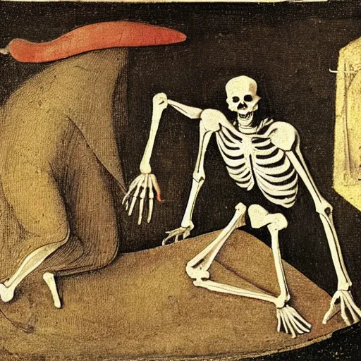 Image similar to a skeleton walking towards a man who is lying on a bed, in the style of Hieronymus Bosch.