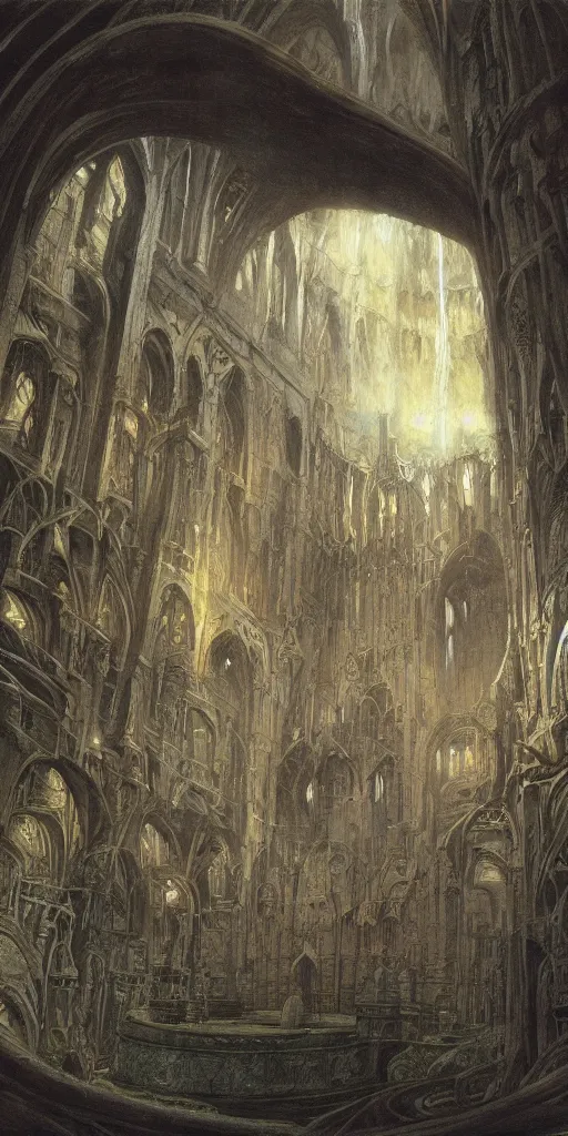 Image similar to Artwork by John Howe of the cinematic view of the Sanctuary of the Executioner.