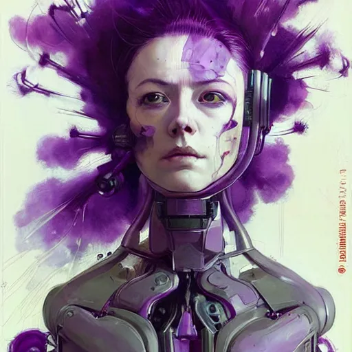 Prompt: pale woman in sci - fi power armor with purple hair, powerful, domineering, stoic, masterful, intense, in the style of adrian ghenie, esao andrews, jenny saville,, surrealism, dark art by james jean, takato yamamoto