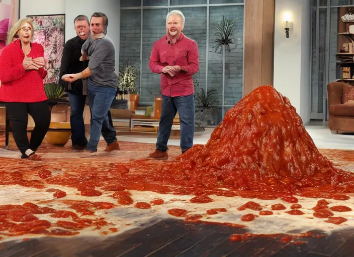 Image similar to qvc tv show product showcase pile of nasty chili spilled on the floor, chunky sloppy fat men no shirts slipping in chili on the floor, wet, studio, 3 payments of $ 2 4 limited time offer, call now, extremely detailed, portraits, 4 k, hd