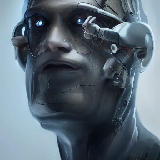 Prompt: portrait, concept art of a cyborg scientist by jama jurabaev, extremely detailed, trending on artstation, high quality, brush stroke