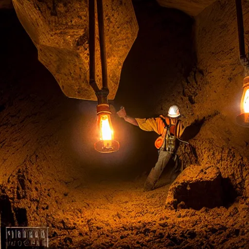 Image similar to a miner in the depths of a mineshaft mining a giant crystalline ore, the mineshaft is lit by hanging lanterns, the mine is dark, highly detailed, extremely high quality, hd, 4 k, 8 k, professional photographer, 4 0 mp, lifelike, top - rated, award winning, realistic, detailed lighting, detailed shadows, sharp, no blur, edited