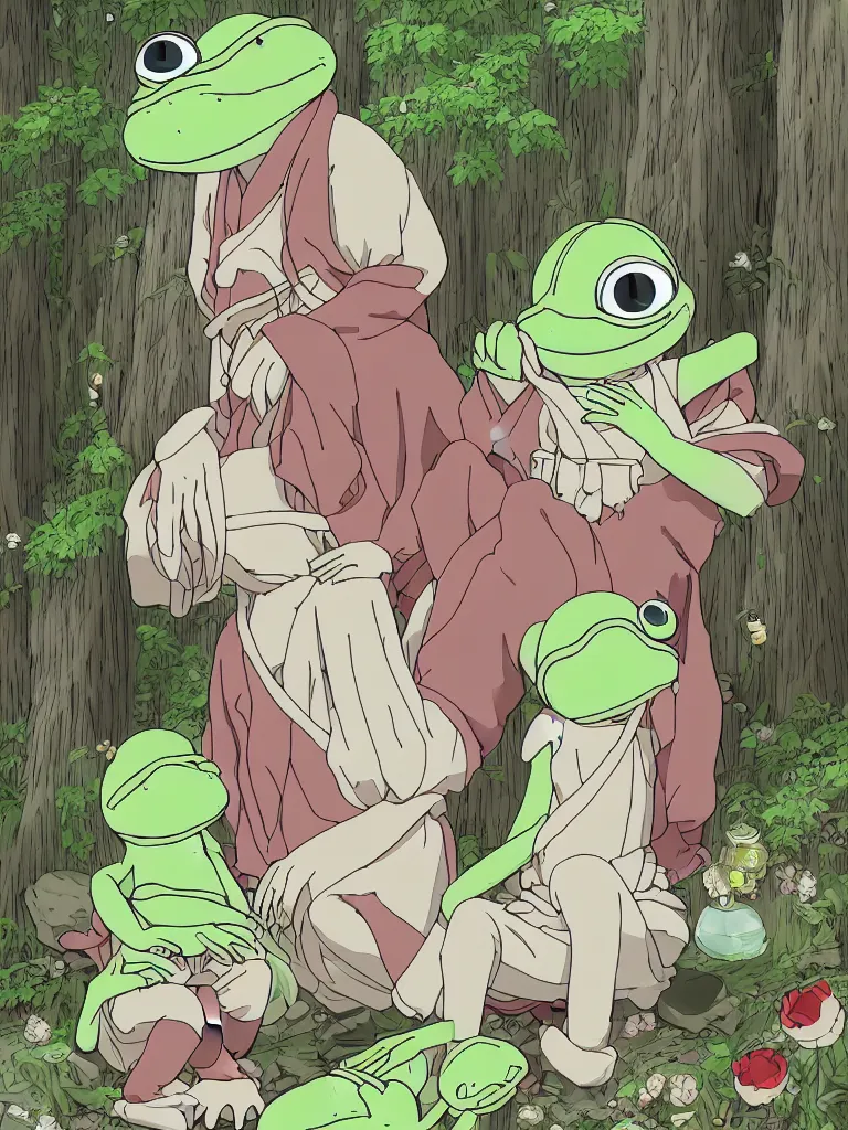 Prompt: resolution 4k happiness of pepe love and family worlds of Akihito Tsukushi made in abyss design ivory dream like storybooks and rhyes wandering in a dark esoteric forest forest pepe the frog happy eating the flesh of other pepes gore blood unrelenting suffering wholesome soft and warm primordial the value of love a clear prismatic sky, red woods Canopy love, warm ,Luminism, pepe the frog , art in the style of Tony DiTerlizzi , Francisco de Goya and Akihito Tsukushi and Arnold Lobel