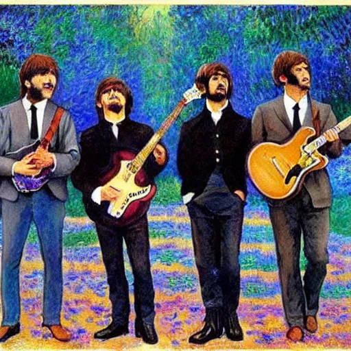 Prompt: the beatles as hilbillies by monet