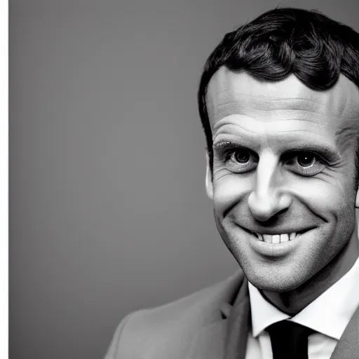 Prompt: closeup portrait of emmanuel macron smiling trying to rob you at gunpoint in a smoky back street, natural light, sharp, detailed face, magazine, press, photo, steve mccurry, david lazar, canon, nikon, focus