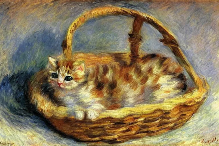 Image similar to a perishing cute kitten coiled up in a basket, snowy outside by Monet, Manet, Renoir