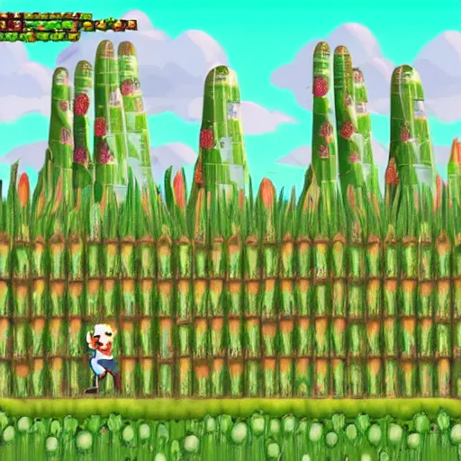 Image similar to side scroller video game of man in landscape of giant asparagus