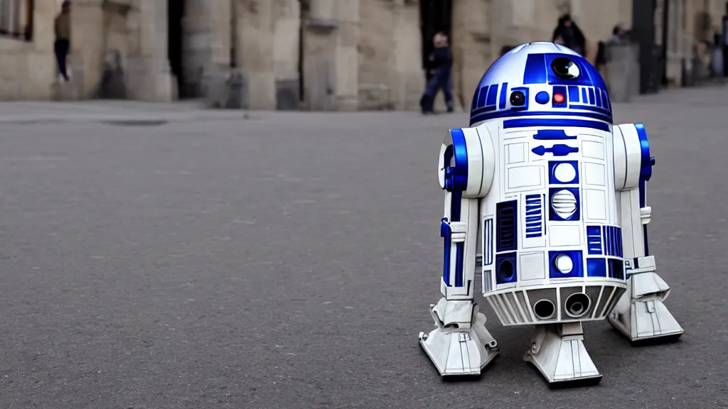 Image similar to R2D2 Star Wars in Paris, Photorealistic, soft and diffuse lights, photo 50mm, Droid, 4k