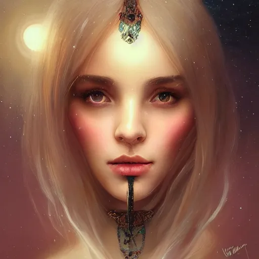 Prompt: ! beautiful female portrait, inner glow, symmetric face, flowing hair, moonlight, gemstone necklace, by wlop, by tom bagshaw, by gallen - kallela trending on artstation,