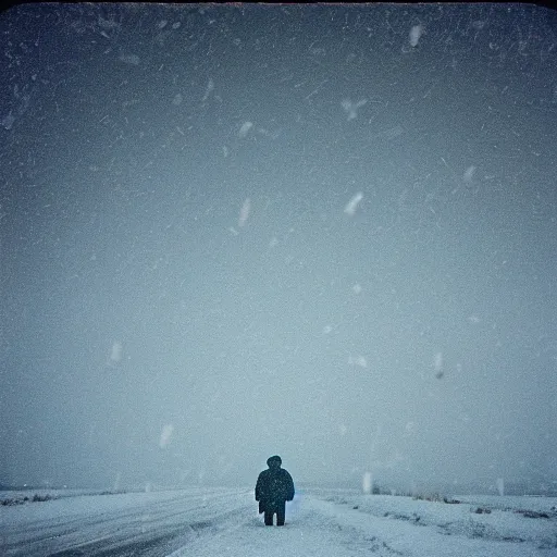 Image similar to photo of shiprock, new mexico during a snowstorm. a old man in a trench coat and a cane appears as a hazy silhouette in the distance, looking back over his shoulder. cold color temperature. blue hour morning light, snow storm. hazy atmosphere. humidity haze. kodak ektachrome, greenish expired film, award winning, low contrast,