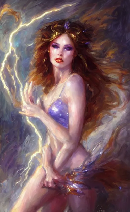 Image similar to Lightning goddessl. by Konstantin Razumov, horror scene, highly detailded