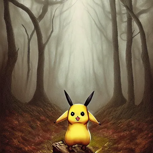 Image similar to pikachu as a cryptid in a dark ominous forest, foggy, dim lighting, artwork by andrew ferez