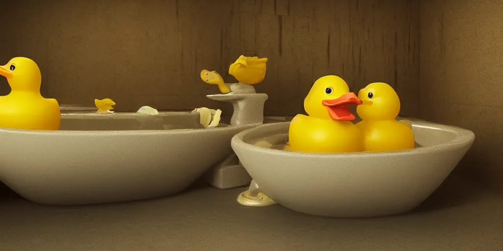 Image similar to An Epic yellow rubber duck bathtub battle, realistic 4k octane beautifully detailed render, 4k post-processing, highly detailed, intricate complexity, epic composition, magical atmosphere, cinematic lighting, masterpiece, ultra hd