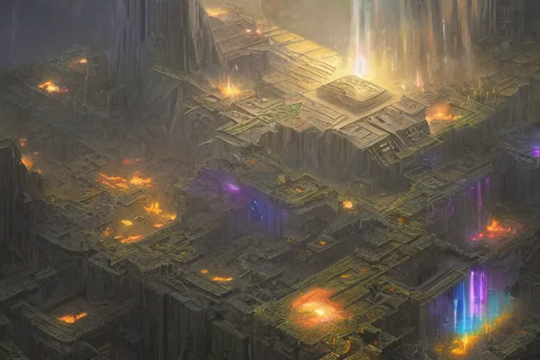 Image similar to an intricate matte painting of an epic galactic isometric megadungeon map played by the gods, iridescent light bouncing off magical d20, by Christophe Vacher and Bastien Lecouffe-Deharme, trending on artstation