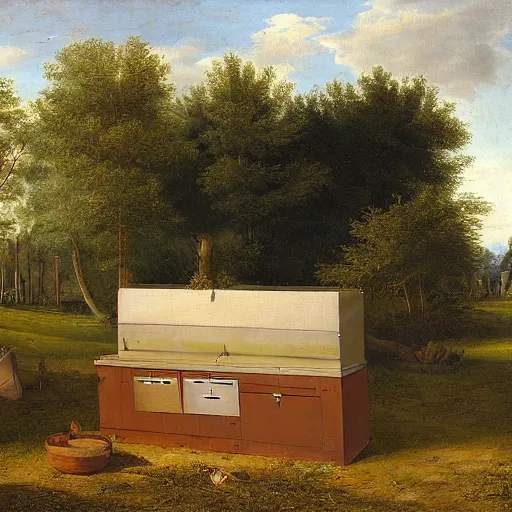 Prompt: a tidy outdoor kitchen on a field by aertsen pieter