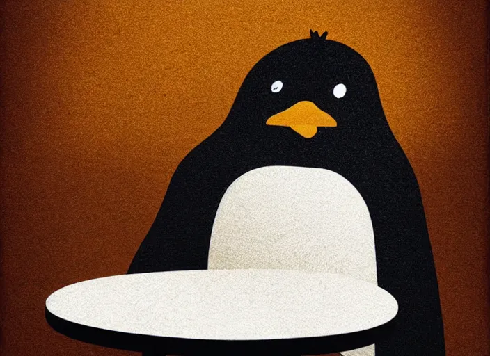 Image similar to portrait of a sad penguin sitting at a table, Mads Berg, Karolis Strautniekas, stippled light, editorial illustration, detailed,fine texture, textured, matte print