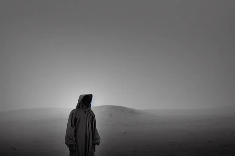 Image similar to a cinematic portrait of a prisoner dressed in a a black and white hazmat suit in a desert, dust storm, thunder and lightning, lee madgwick and zack snyder, 8 k, hd, high resolution, 8 5 mm, f / 1. 8