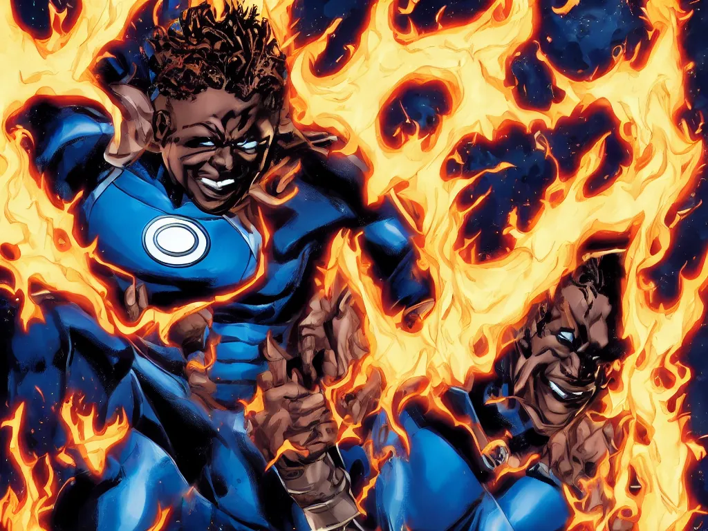 Image similar to dark skinned Johnny Storm young male superhero of the fantastic four, full body, flaming dreadlock hair, blue uniform with the number 4 on the chest in a round logo, cinematic, high detail, no imperfections, extreme realism, high detail, extremely symmetric facial features, no distortion, clean, also evil villians fighting in the background, by Stan Lee