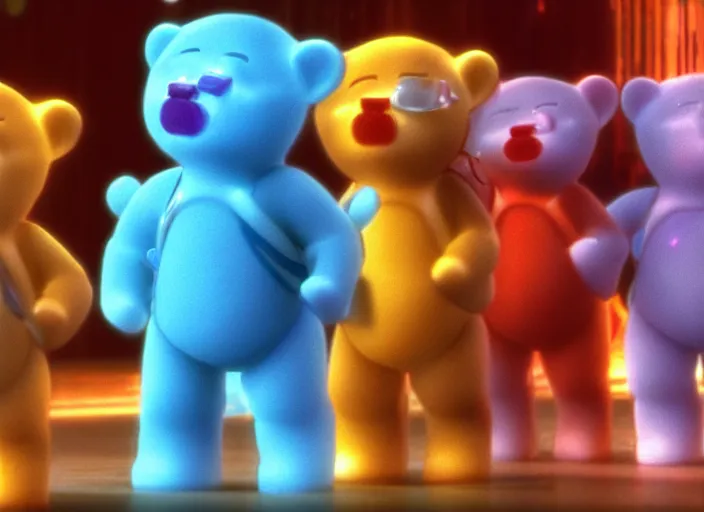 Prompt: film still of cyberpunk care bears in the fifth element movie, 4 k