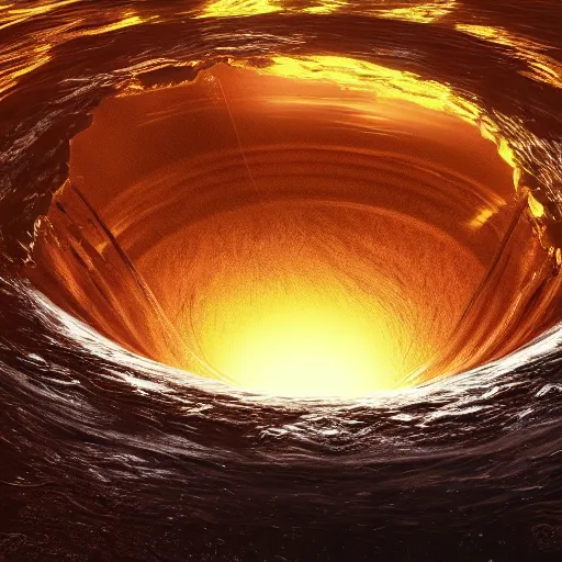 Image similar to wide angle shot of a giant stream of liquid golden stream ascending swirling into a black hole, james web telescope, conceptart, unreal engine 5, 8 k, high depth of field, depth perception, rich deep colors, artstation