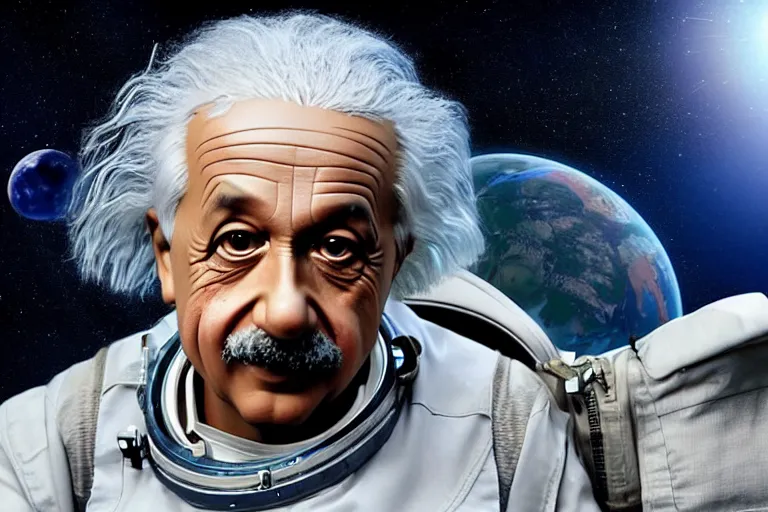 Image similar to still photo of sad albert einstein in spacesuit, giant flat earth on turtles at background, highly detailed, photorealistic shot, bright studio setting, studio lighting, crisp quality and light reflections, unreal engine 5 quality render