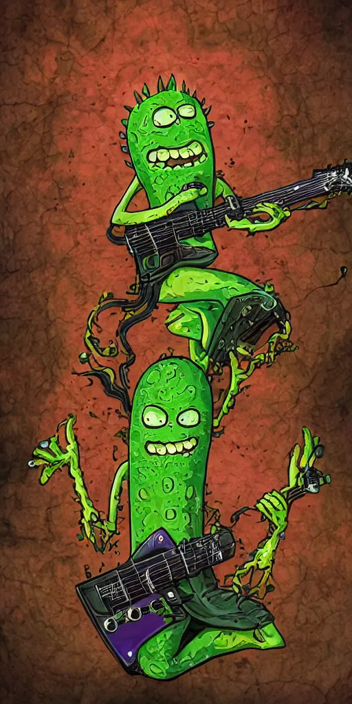 Image similar to Pickle Rick playing a gothic guitar, highly detailed in 4k