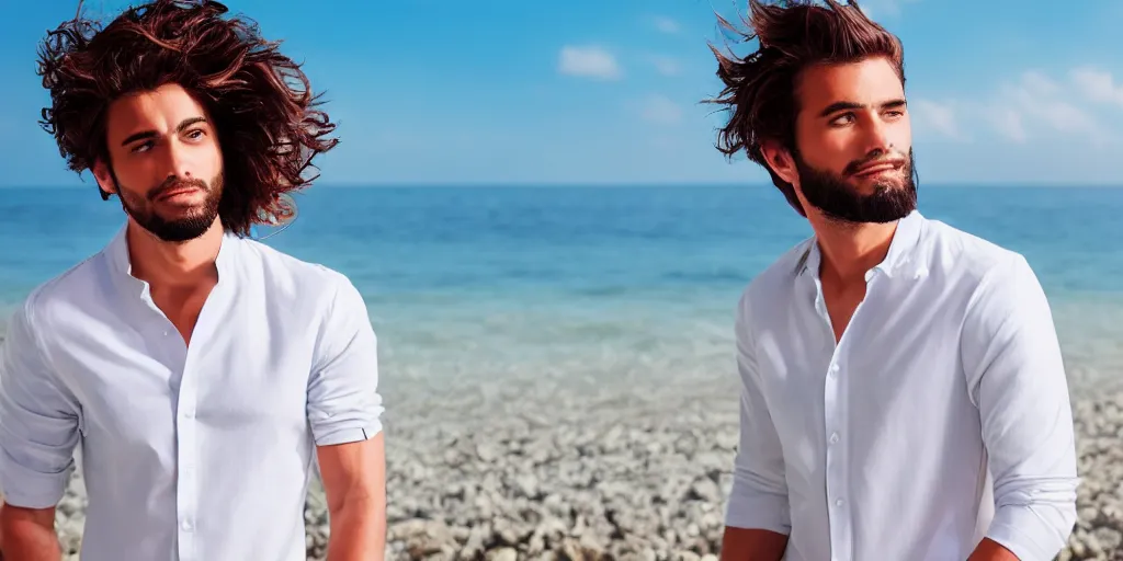 Image similar to a handsome guy is standing tall, in a beautiful shirt, with the beach, sea, sun, rays in the background? super detail, one character