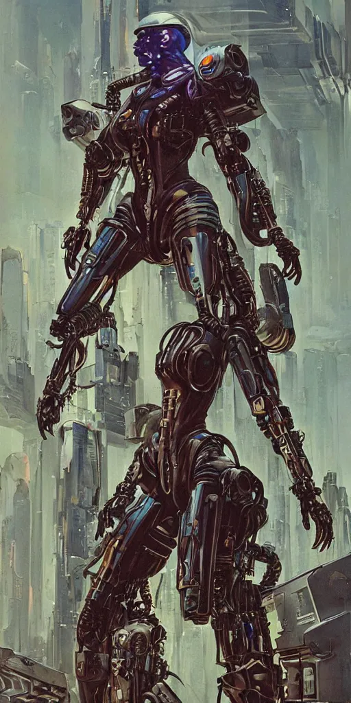 Image similar to a epic female cyberpunk powered armor, super complex and instruct, epic stunning atmosphere, hi - tech synthetic rna bioweapon nanotech demonic monster horror by syd mead, michael whelan, jean leon gerome, junji ito