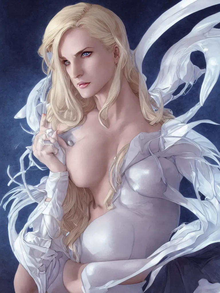 Prompt: portrait of emma frost, a beautiful woman in her 3 0 s with white blonde hair and blue eyes, dressed in a fashionable white suit, detailed face, delicate features, smooth, sharp focus, graphic novel, art by artgerm and greg rutkowski and alphonse mucha,