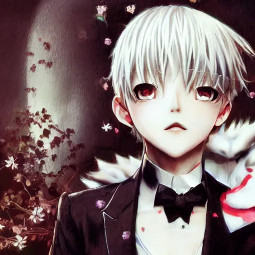 Image similar to Yoshitaka Amano realistic illustration of an anime girl with short white hair and black eyes wearing tuxedo, black and white battle background from Earthbound game, film grain effect, highly detailed, Renaissance oil painting