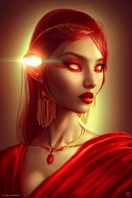 Prompt: beautiful fashion human looking alien in red saree,, in the style of artgerm, and wlop, chanel jewelry, cinematic lighting, hyperdetailed, 8 k realistic, symmetrical, global illumination, radiant light, love and mercy, frostbite 3 engine, cryengine, dof, trending on artstation, digital art, crepuscular ray