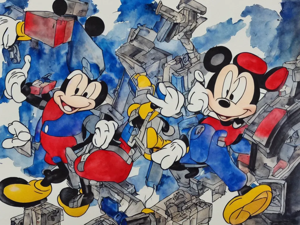 Prompt: mickey mouse is dissecting optimus prime, cinematic landscape ， close - up ， natural light, ink painting