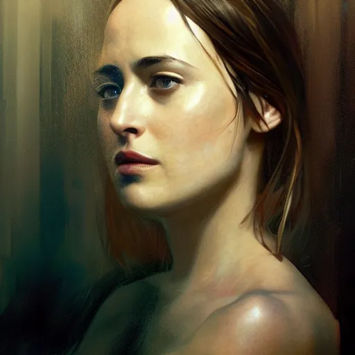 Prompt: dakota johnson, hyperrealistic portrait, bladerunner street, art of elysium by jeremy mann and alphonse mucha, fantasy art, photo realistic, dynamic lighting, artstation, poster, volumetric lighting, very detailed face, 4 k, award winning