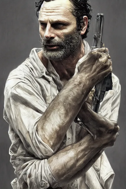 Prompt: beautiful portrait of walking dead rick grimes zombie by terry o'neill intricate, elegant, highly detailed, digital painting, glowing skin, artstation, concept art, soft, sharp focus, bright lighting, illustration, art by artgerm and greg rutkowski and alphonse mucha