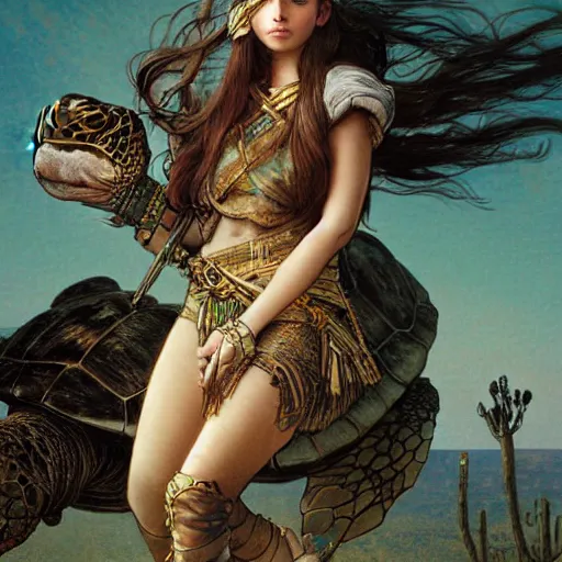 Image similar to a little warrior girl sitting on top of one giant turtle that is walking in the desert. the girl has dark skin and beautiful green eyes, realistic full body and a very beautiful detailed symmetrical face with long black hair. diffuse light, dramatic sky and landscape, long shot fantasy illustration by mucha