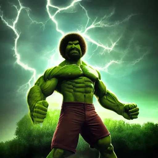 Image similar to photomanipulation of BOB ROSS as hulk, marvel, fully detailed, volumetric lightening, octane render