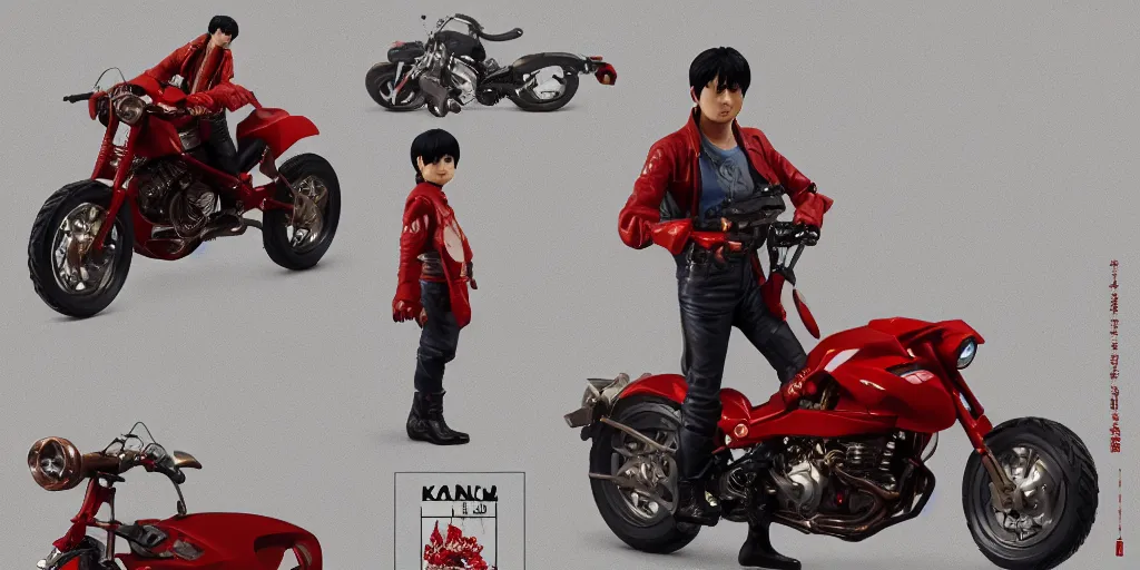 Image similar to kaneda from akira with his motorbike, character sheet, concept design, contrast, hot toys, kim jung gi, greg rutkowski, zabrocki, karlkka, jayison devadas, trending on artstation, 8 k, 3 d scene, ultra wide angle, pincushion lens effect