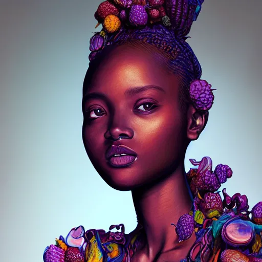 Prompt: the portrait of a blackberry that resembles an absurdly beautiful, graceful, elegant, sophisticated african girl, an ultrafine hyperdetailed illustration by kim jung gi, irakli nadar, intricate linework, bright colors, octopath traveler, final fantasy, unreal engine 5 highly rendered, global illumination, radiant light, detailed and intricate environment,