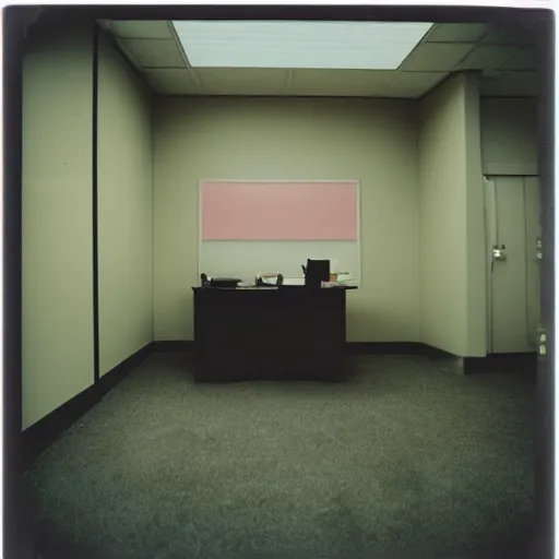 Image similar to polaroid photo a of lonely office space, desolate atmosphere, faint pink led string lights can be seen, portra 800