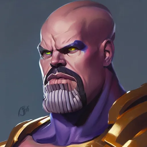 Image similar to greg manchess portrait painting of thanos as overwatch character, medium shot, asymmetrical, profile picture, organic painting, sunny day, matte painting, bold shapes, hard edges, street art, trending on artstation, by huang guangjian and gil elvgren and sachin teng