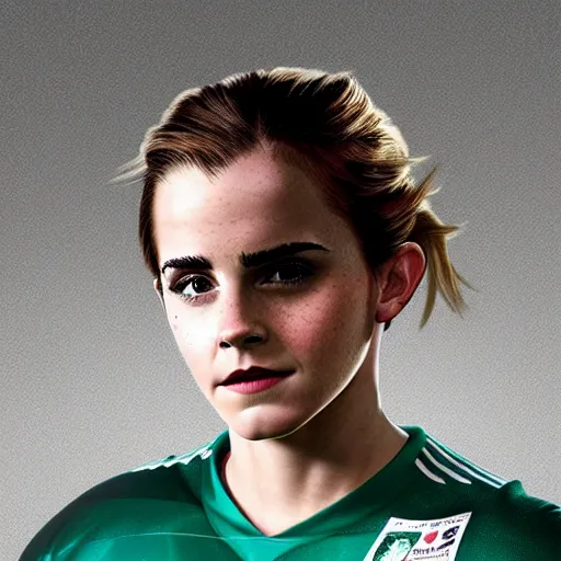 Image similar to a portrait of emma watson as a lokomotiv football player, hyper realistic, highly detailed