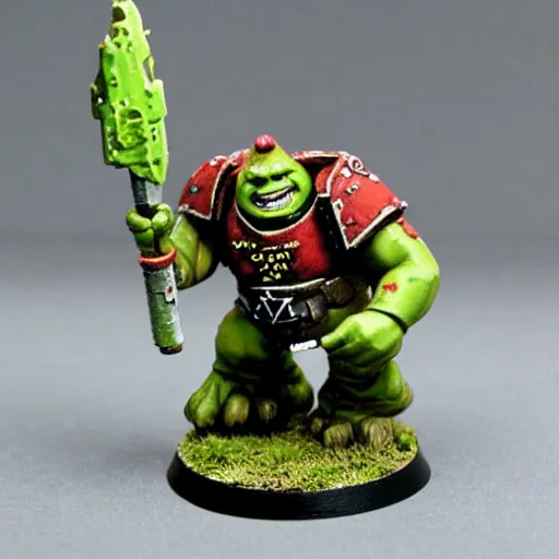 Prompt: Ork Shrek, painted warhammer 40k miniature