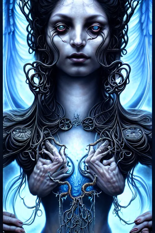 Prompt: A beautiful detailed goddess woman with 6 arms super dark tarot card, gorgeous model face by Stanley Artgerm, by tomasz alen kopera and Justin Gerard, 4 eyes, beautiful symmetrical features, ominous, magical realism, texture, intricate, ornate, royally decorated, melting, whirling smoke, embers, blue adornements, blue torn fabric, radiant colors, fantasy, trending on artstation, volumetric lighting, micro details, 3d sculpture, ray tracing, 8k, anaglyph effect