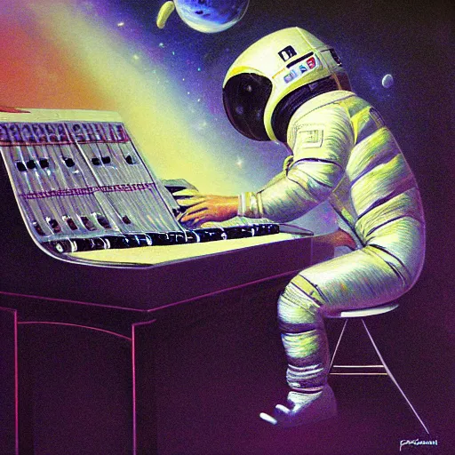 Prompt: astronaut playing keyboard by pascal blanche