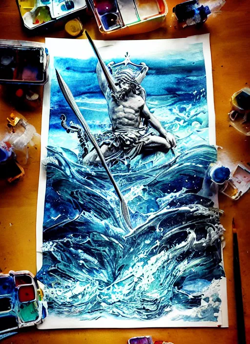 Image similar to Poseidon, the king of sea, with crown and trident rising from the ocean, watercolor, dramatic lighting, cinematic, establishing shot, extremly high detail, foto realistic, cinematic lighting, pen and ink, intricate line drawings, by Yoshitaka Amano, Ruan Jia, Kentaro Miura, Artgerm, post processed, artstation, matte painting, style by eddie mendoza, raphael lacoste, alex ross