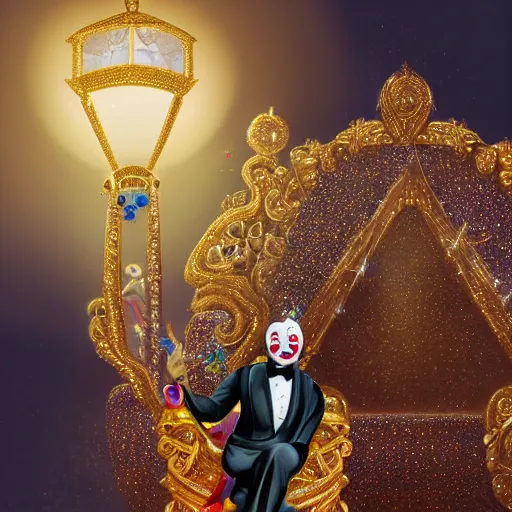 Image similar to shining giant throne made of millions of diamonds, gold and sapphires with thousands of light reflections, and a clown on a tuxedo suit is sitting on the throne while handing a golden balloon, dramatic light, digital painting, ultradetailed, artstation, oil painting