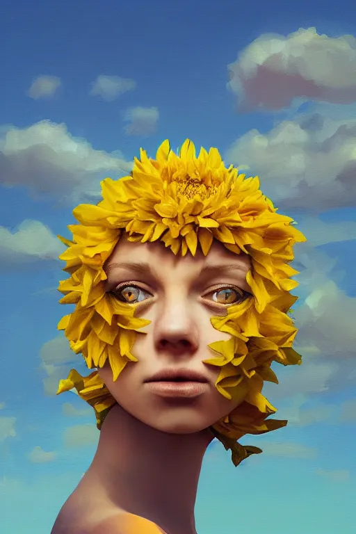 Image similar to closeup girl with huge yellow dahlia flower face, on a beach, surreal photography, blue sky, sunrise, dramatic light, impressionist painting, digital painting, artstation, simon stalenhag