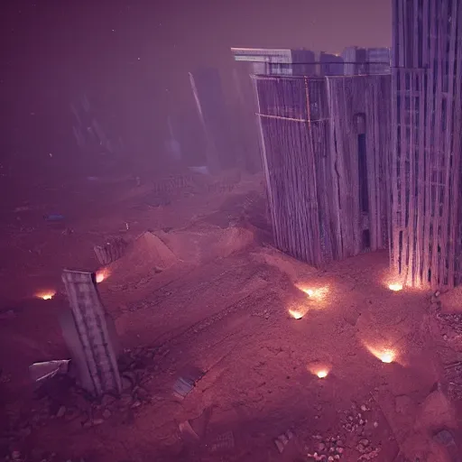 Prompt: The remnants of a city with tall buildings built by an advanced civilization that crumbled after an apocalyptic event. It is found in the dark depths of a sand cavern, lit by light sticks on the ground, seen from above, first person POV, octane render, 8k, unreal engine