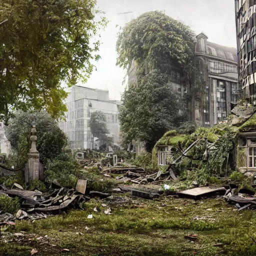 Image similar to overgrown london in ruins, highly detailed, 4k, HDR, award-winning, octane render, artstation