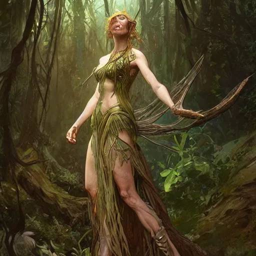 Prompt: A Dryad woman living in an Elven forest, athletic , gorgeous, beautiful, intricate, highly detailed, digital painting, artstation, concept art, sharp focus, illustration, art by greg rutkowski and alphonse mucha